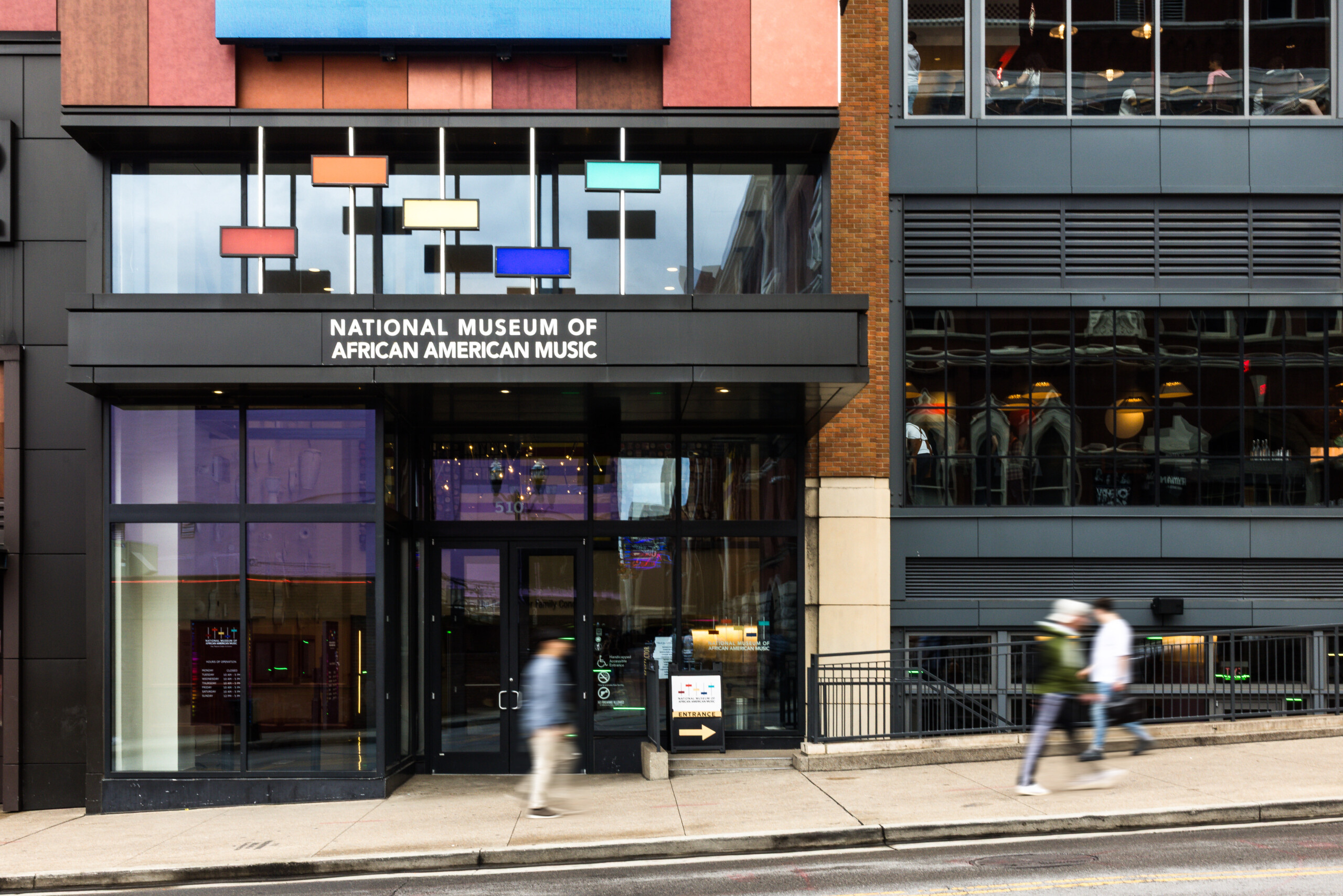 Street-level entrance to the National Museum of African American Music on 5th Avenue in downtown Nashville