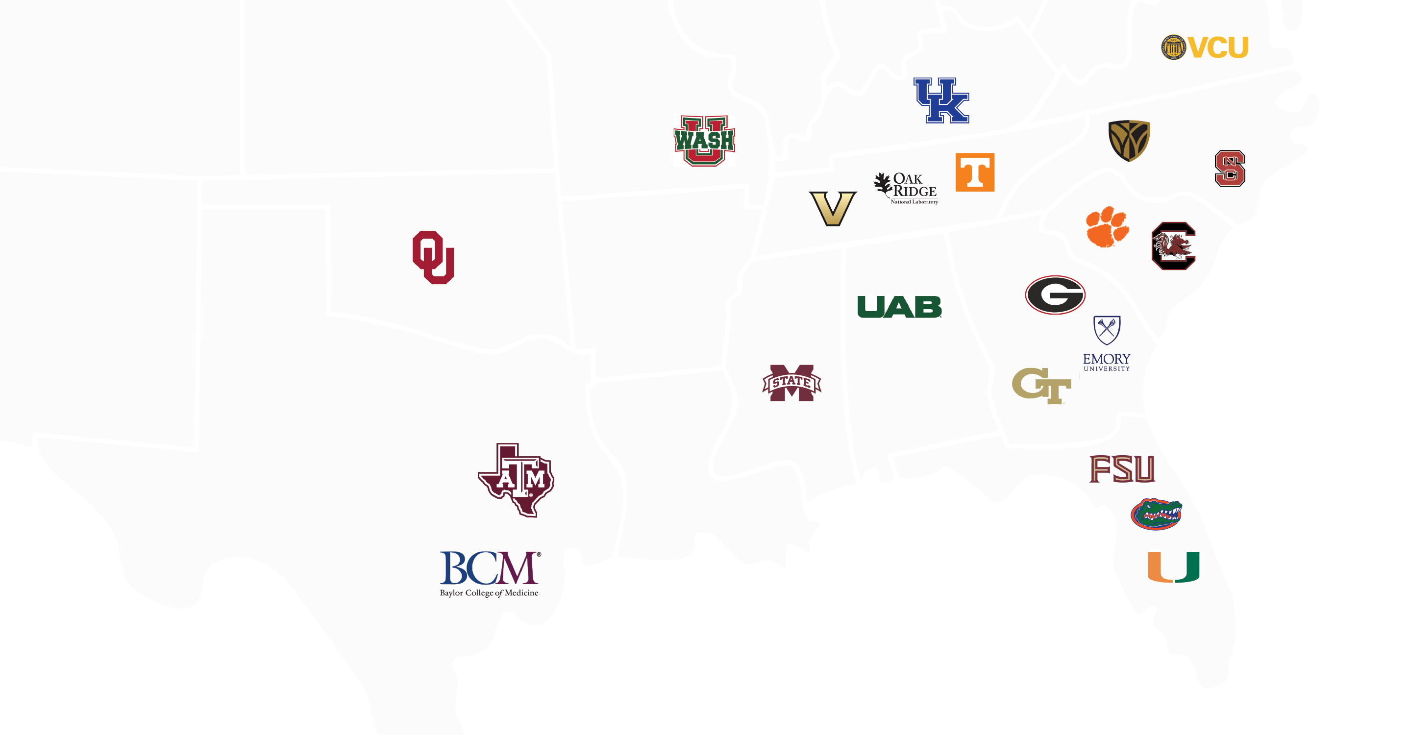 Map of participating Southeast Venture Showcase institutions, including Texas A&M University and Washington University in St. Louis.